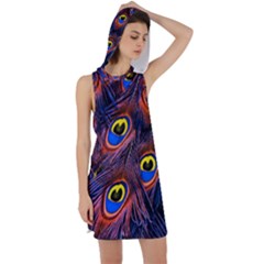 Peacock-feathers,blue,yellow Racer Back Hoodie Dress by nateshop