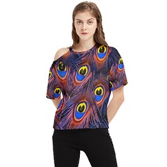 Peacock-feathers,blue,yellow One Shoulder Cut Out T-shirt by nateshop