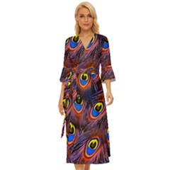 Peacock-feathers,blue,yellow Midsummer Wrap Dress by nateshop