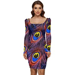 Peacock-feathers,blue,yellow Women Long Sleeve Ruched Stretch Jersey Dress