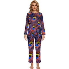 Peacock-feathers,blue,yellow Womens  Long Sleeve Lightweight Pajamas Set by nateshop