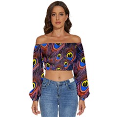 Peacock-feathers,blue,yellow Long Sleeve Crinkled Weave Crop Top by nateshop