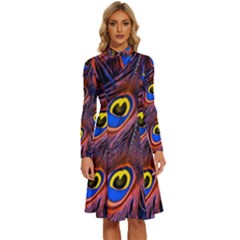 Peacock-feathers,blue,yellow Long Sleeve Shirt Collar A-line Dress