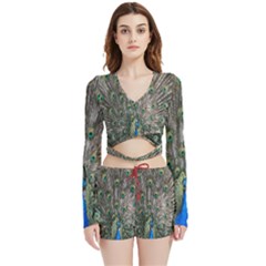 Peacock-feathers1 Velvet Wrap Crop Top And Shorts Set by nateshop