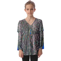 Peacock-feathers1 Kids  V Neck Casual Top