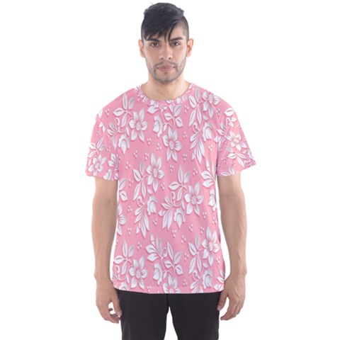 Pink Texture With White Flowers, Pink Floral Background Men s Sport Mesh T-shirt by nateshop