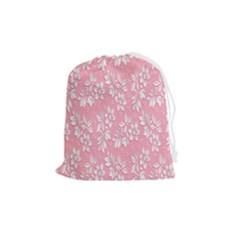 Pink Texture With White Flowers, Pink Floral Background Drawstring Pouch (medium) by nateshop