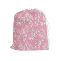 Pink Texture With White Flowers, Pink Floral Background Drawstring Pouch (xl) by nateshop