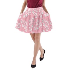 Pink Texture With White Flowers, Pink Floral Background A-line Pocket Skirt by nateshop