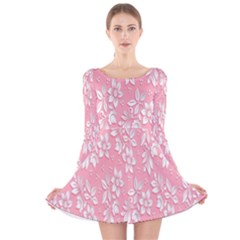 Pink Texture With White Flowers, Pink Floral Background Long Sleeve Velvet Skater Dress by nateshop