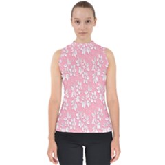 Pink Texture With White Flowers, Pink Floral Background Mock Neck Shell Top