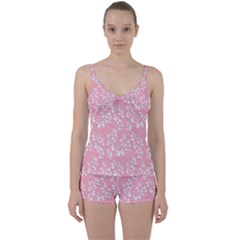 Pink Texture With White Flowers, Pink Floral Background Tie Front Two Piece Tankini by nateshop