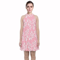 Pink Texture With White Flowers, Pink Floral Background Velvet Halter Neckline Dress  by nateshop