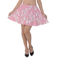 Pink Texture With White Flowers, Pink Floral Background Velvet Skater Skirt by nateshop