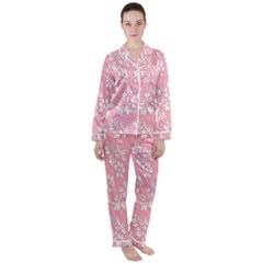 Pink Texture With White Flowers, Pink Floral Background Women s Long Sleeve Satin Pajamas Set	