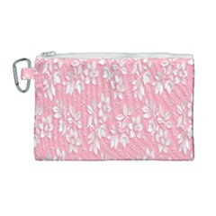 Pink Texture With White Flowers, Pink Floral Background Canvas Cosmetic Bag (large) by nateshop