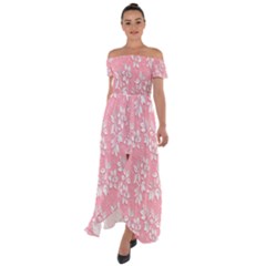 Pink Texture With White Flowers, Pink Floral Background Off Shoulder Open Front Chiffon Dress by nateshop