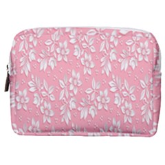 Pink Texture With White Flowers, Pink Floral Background Make Up Pouch (medium)