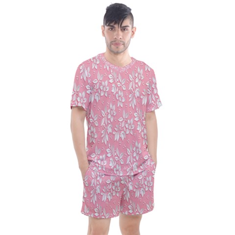 Pink Texture With White Flowers, Pink Floral Background Men s Mesh T-shirt And Shorts Set by nateshop