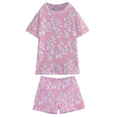 Pink Texture With White Flowers, Pink Floral Background Kids  Swim T-shirt And Shorts Set by nateshop