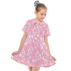 Pink Texture With White Flowers, Pink Floral Background Kids  Short Sleeve Shirt Dress by nateshop