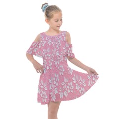 Pink Texture With White Flowers, Pink Floral Background Kids  Shoulder Cutout Chiffon Dress by nateshop