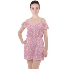 Pink Texture With White Flowers, Pink Floral Background Ruffle Cut Out Chiffon Playsuit