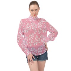 Pink Texture With White Flowers, Pink Floral Background High Neck Long Sleeve Chiffon Top by nateshop