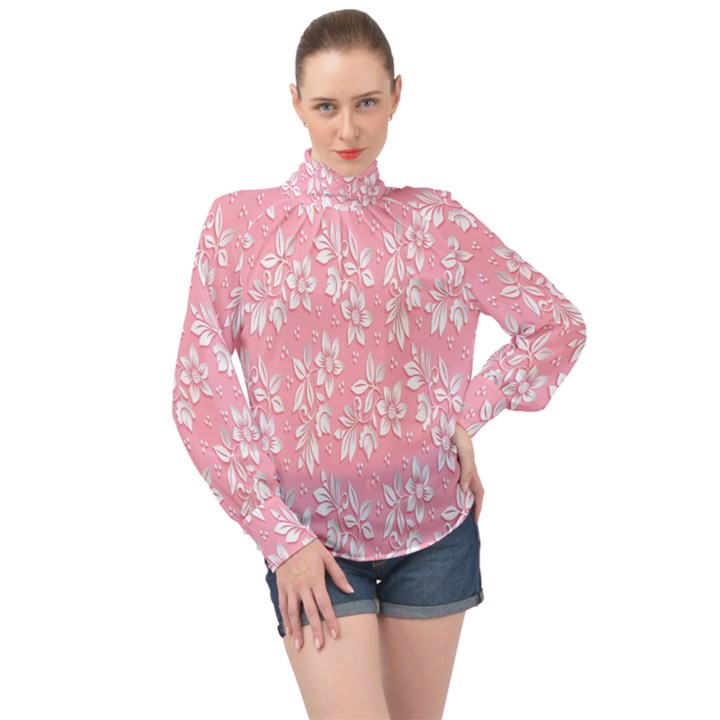 Pink Texture With White Flowers, Pink Floral Background High Neck Long Sleeve Chiffon Top