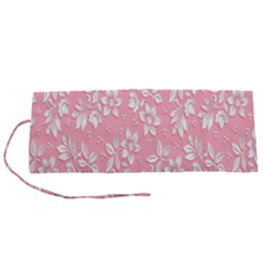 Pink Texture With White Flowers, Pink Floral Background Roll Up Canvas Pencil Holder (s) by nateshop