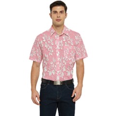 Pink Texture With White Flowers, Pink Floral Background Men s Short Sleeve Pocket Shirt  by nateshop