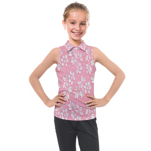 Pink Texture With White Flowers, Pink Floral Background Kids  Sleeveless Polo T-shirt by nateshop