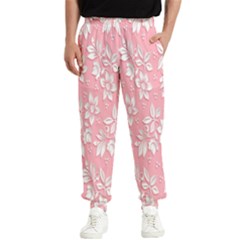 Pink Texture With White Flowers, Pink Floral Background Men s Elastic Waist Pants by nateshop