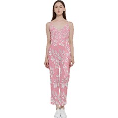 Pink Texture With White Flowers, Pink Floral Background V-neck Camisole Jumpsuit by nateshop