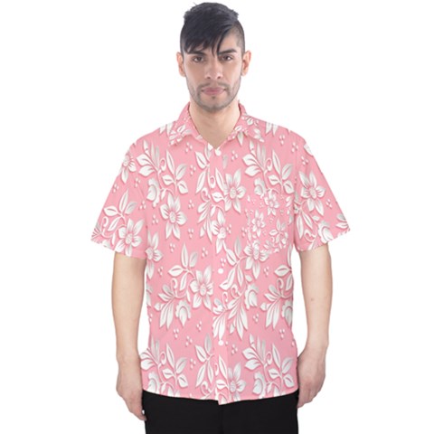 Pink Texture With White Flowers, Pink Floral Background Men s Hawaii Shirt by nateshop