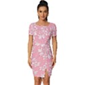 Pink Texture With White Flowers, Pink Floral Background Fitted Knot Split End Bodycon Dress View1