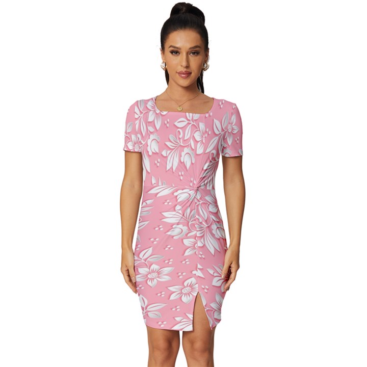 Pink Texture With White Flowers, Pink Floral Background Fitted Knot Split End Bodycon Dress