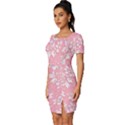 Pink Texture With White Flowers, Pink Floral Background Fitted Knot Split End Bodycon Dress View2