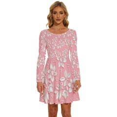 Pink Texture With White Flowers, Pink Floral Background Long Sleeve Wide Neck Velvet Dress by nateshop