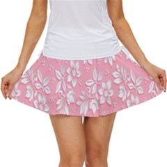 Pink Texture With White Flowers, Pink Floral Background Women s Skort by nateshop