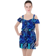 Really Cool Blue, Unique Blue Ruffle Cut Out Chiffon Playsuit by nateshop