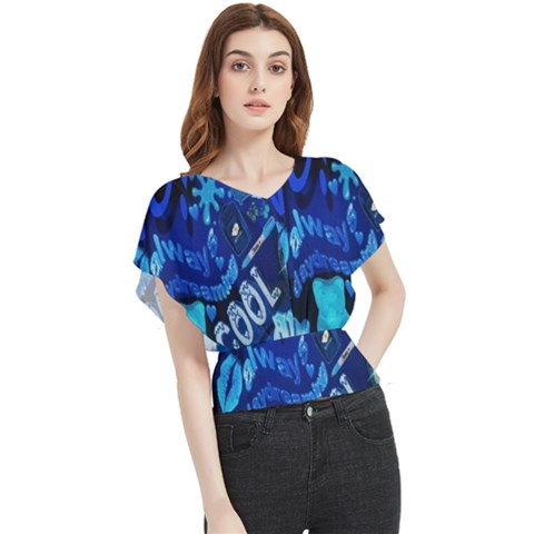 Really Cool Blue, Unique Blue Butterfly Chiffon Blouse by nateshop