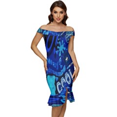 Really Cool Blue, Unique Blue Off Shoulder Ruffle Split Hem Bodycon Dress by nateshop