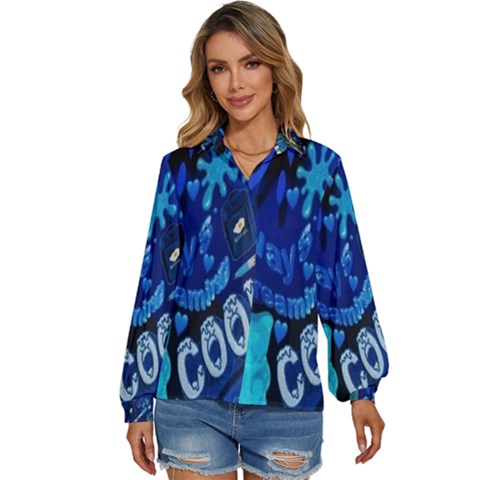 Really Cool Blue, Unique Blue Women s Long Sleeve Button Up Shirt by nateshop