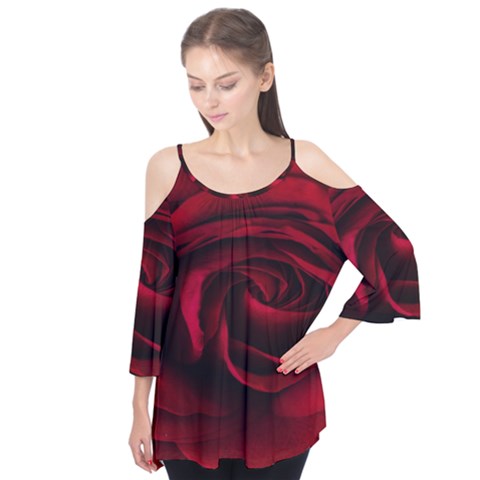 Rose Maroon Flutter Sleeve T-shirt  by nateshop