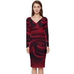 Rose Maroon Long Sleeve V-neck Bodycon Dress  by nateshop