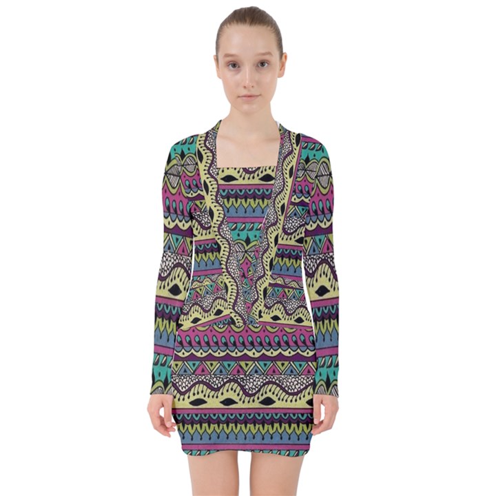 Aztec Design V-neck Bodycon Long Sleeve Dress