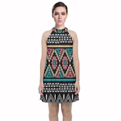 Aztec Wallpaper Velvet Halter Neckline Dress 