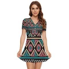 Aztec Wallpaper V-neck High Waist Chiffon Mini Dress by nateshop