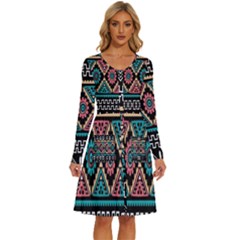 Aztec Wallpaper Long Sleeve Dress With Pocket